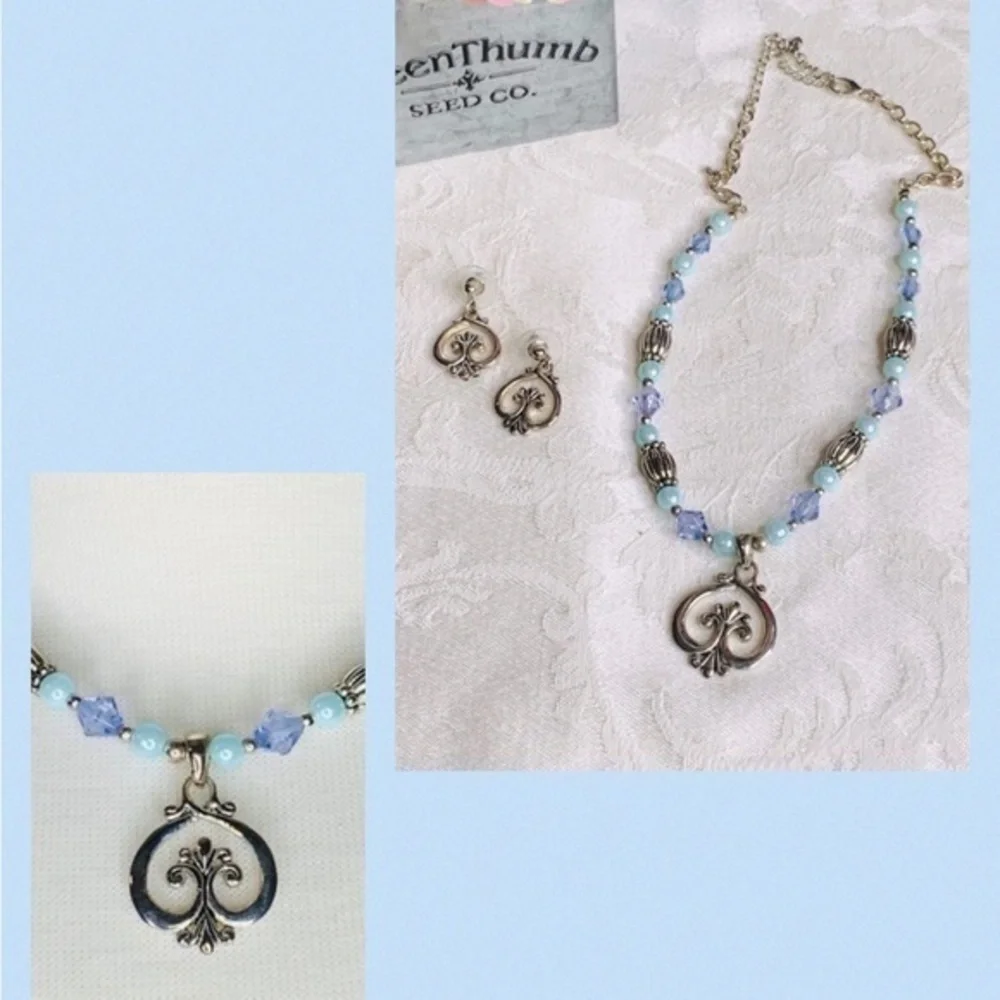Blue Pearl, Lavender/Silver Bead Heart Necklace 16”-18” & 1” Earrings